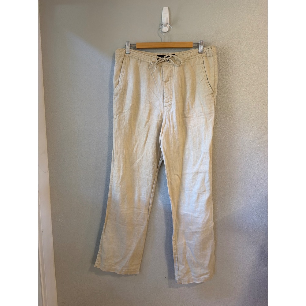 French Connection Linen Pants Women 28 Beige Drawstring Straight Leg Vaca Beach‎